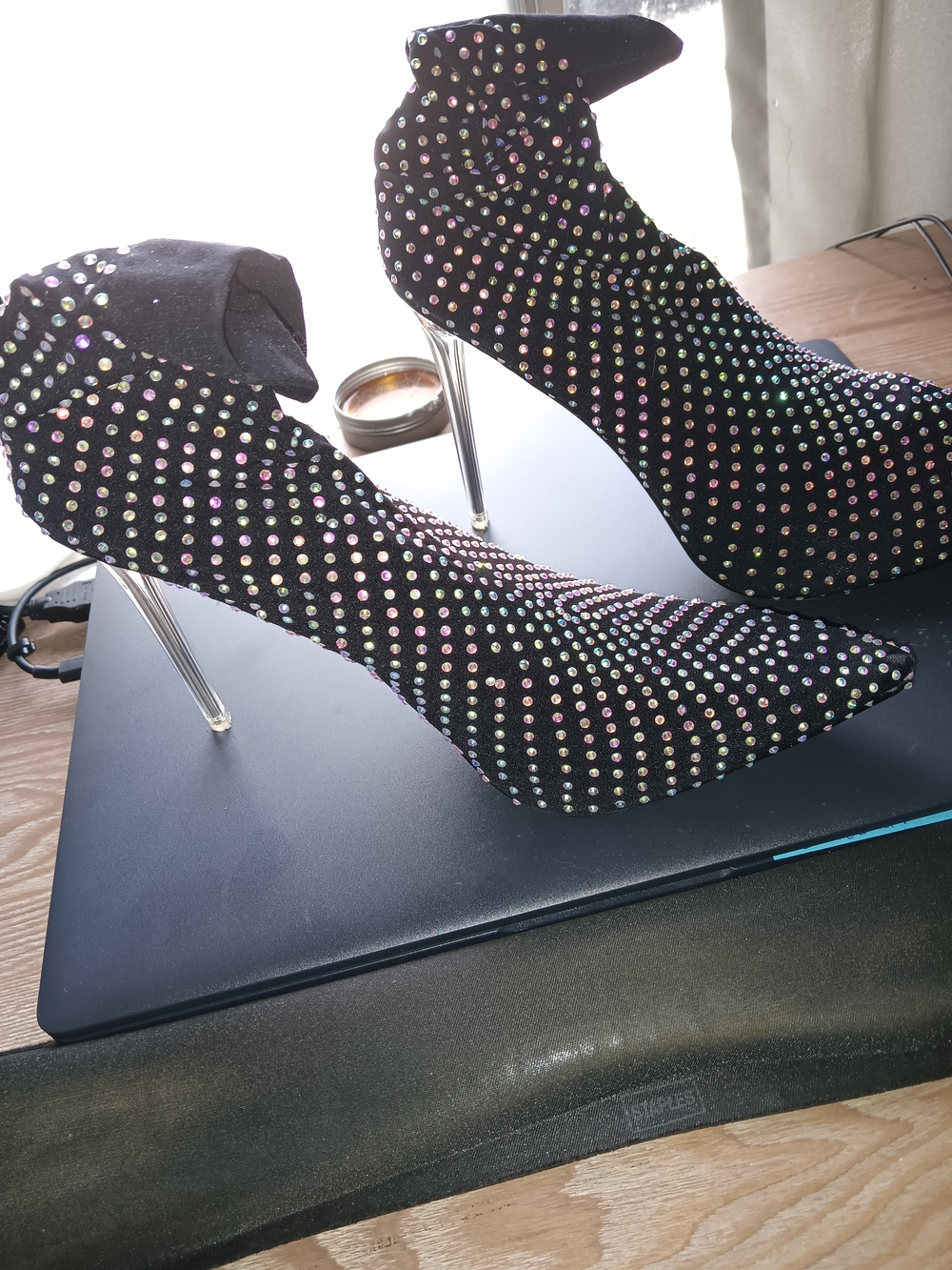 EGO Black Rhinestone-Studded Pointed Toe Ankle Booties with Silver Stiletto Heel